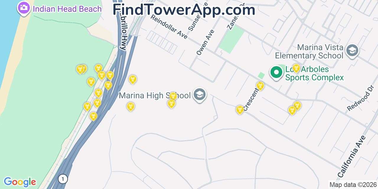 Map showing the 20 primary cell tower locations detected in Marina, California from AT&T, Verizon, and T-Mobile networks