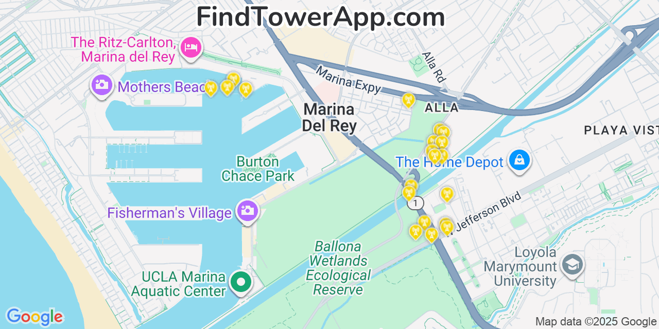 Map showing the 20 primary AT&T cell tower locations detected in Marina Del Rey, California with coverage radius and signal strength indicators