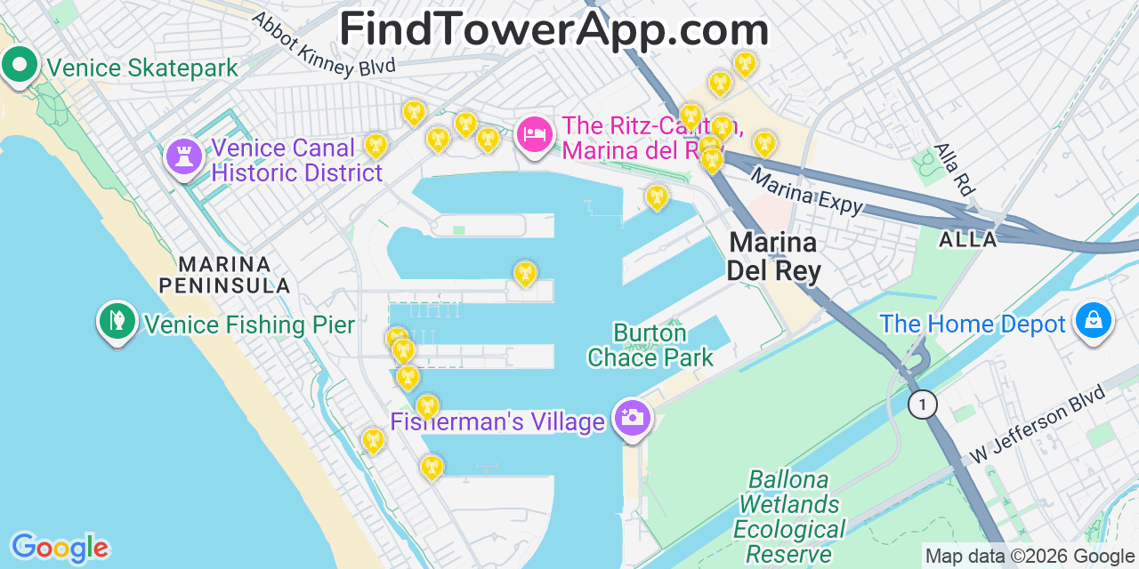 Map showing the 20 primary cell tower locations detected in Marina Del Rey, California from AT&T, Verizon, and T-Mobile networks