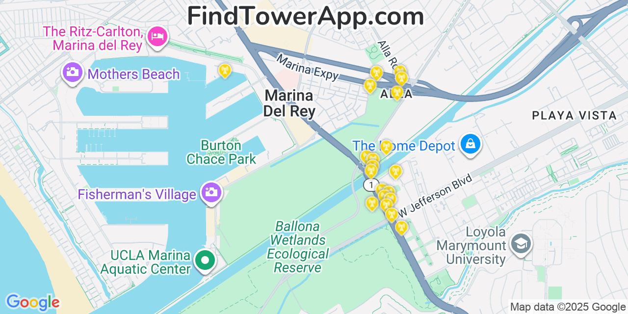 Map showing the 20 primary T-Mobile cell tower locations detected in Marina Del Rey, California with coverage radius and signal strength indicators