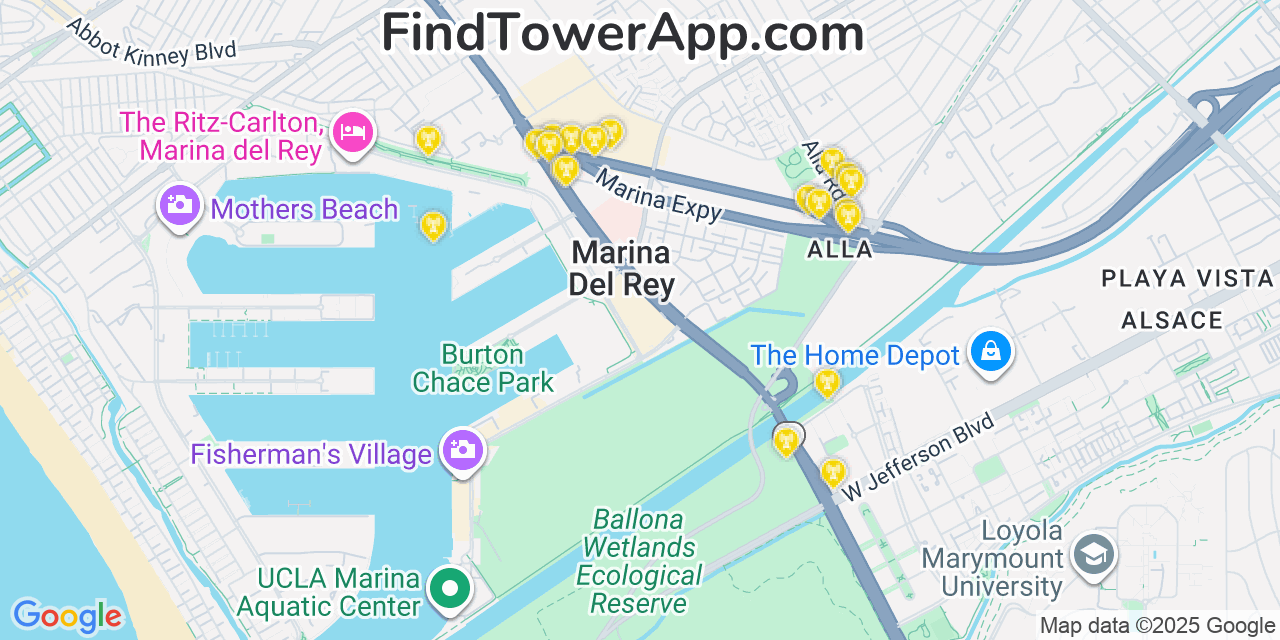 Map showing the 20 primary Verizon cell tower locations detected in Marina Del Rey, California with coverage radius and signal strength indicators