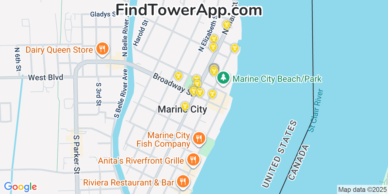 Map showing the 20 primary cell tower locations detected in Marine City, Michigan from AT&T, Verizon, and T-Mobile networks