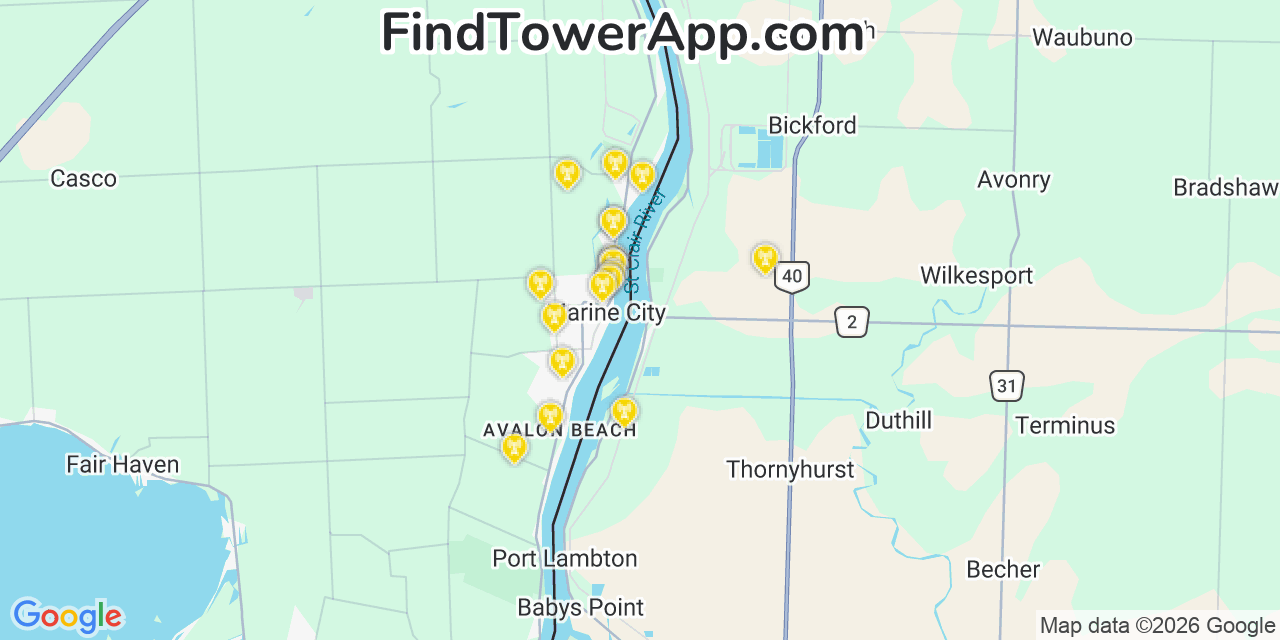 Map showing the 20 primary cell tower locations detected in Marine City, Michigan from AT&T, Verizon, and T-Mobile networks