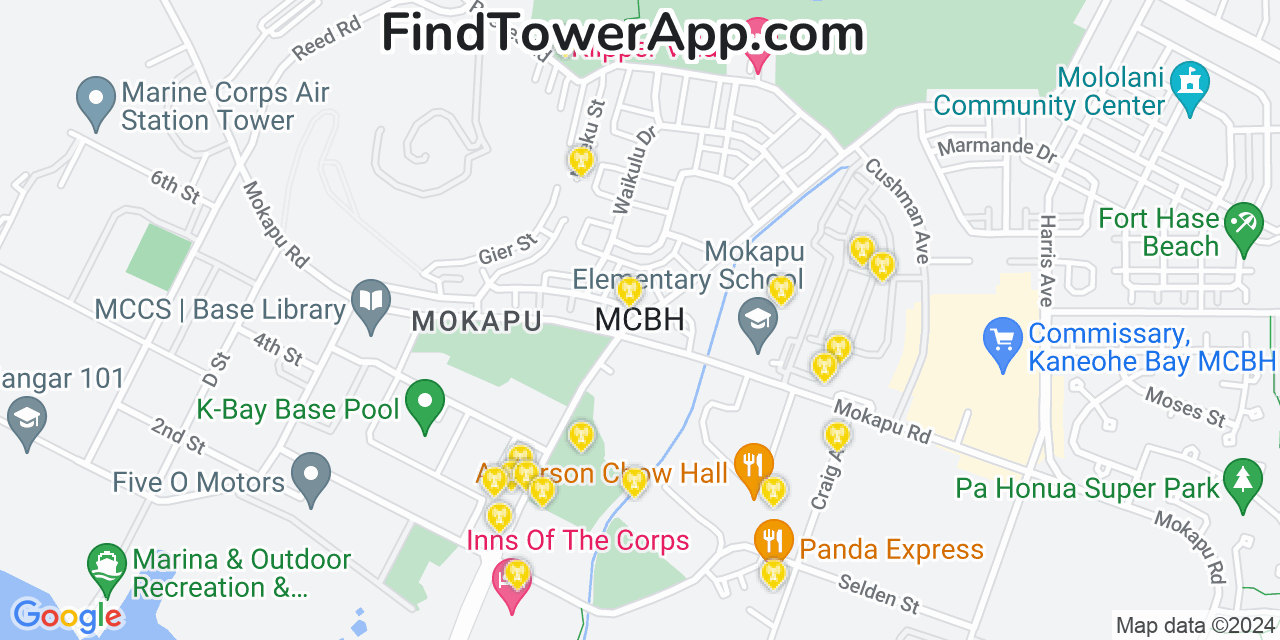 AT&T 4G/5G cell tower coverage map Marine Corps Base Hawaii   MCBH, Hawaii