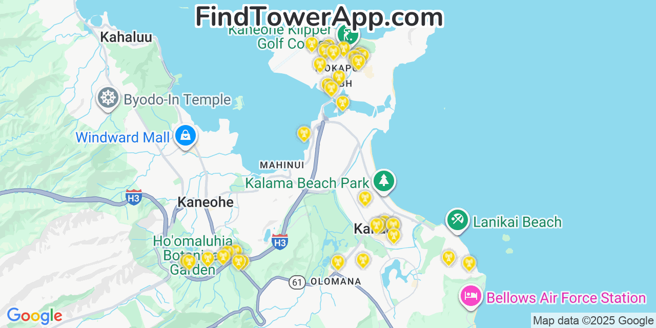 Map showing the 22 primary AT&T cell tower locations detected in Marine Corps Base Hawaii   Mcbh, Hawaii with coverage radius and signal strength indicators