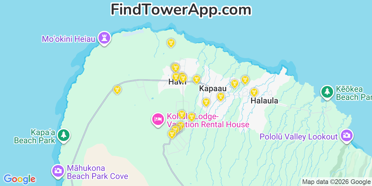 Map showing the 20 primary cell tower locations detected in Marine Corps Base Hawaii   Mcbh, Hawaii from AT&T, Verizon, and T-Mobile networks