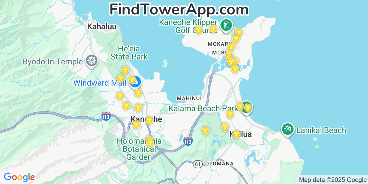 Map showing the 36 primary T-Mobile cell tower locations detected in Marine Corps Base Hawaii   Mcbh, Hawaii with coverage radius and signal strength indicators
