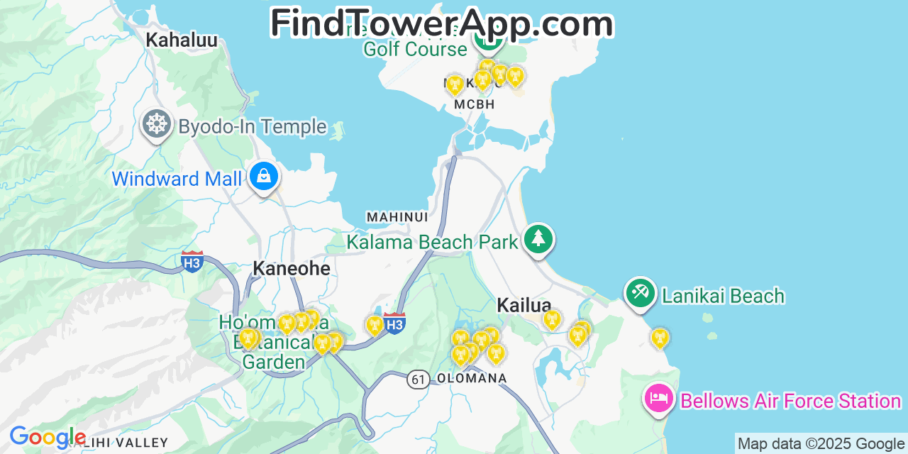 Map showing the 34 primary Verizon cell tower locations detected in Marine Corps Base Hawaii   Mcbh, Hawaii with coverage radius and signal strength indicators