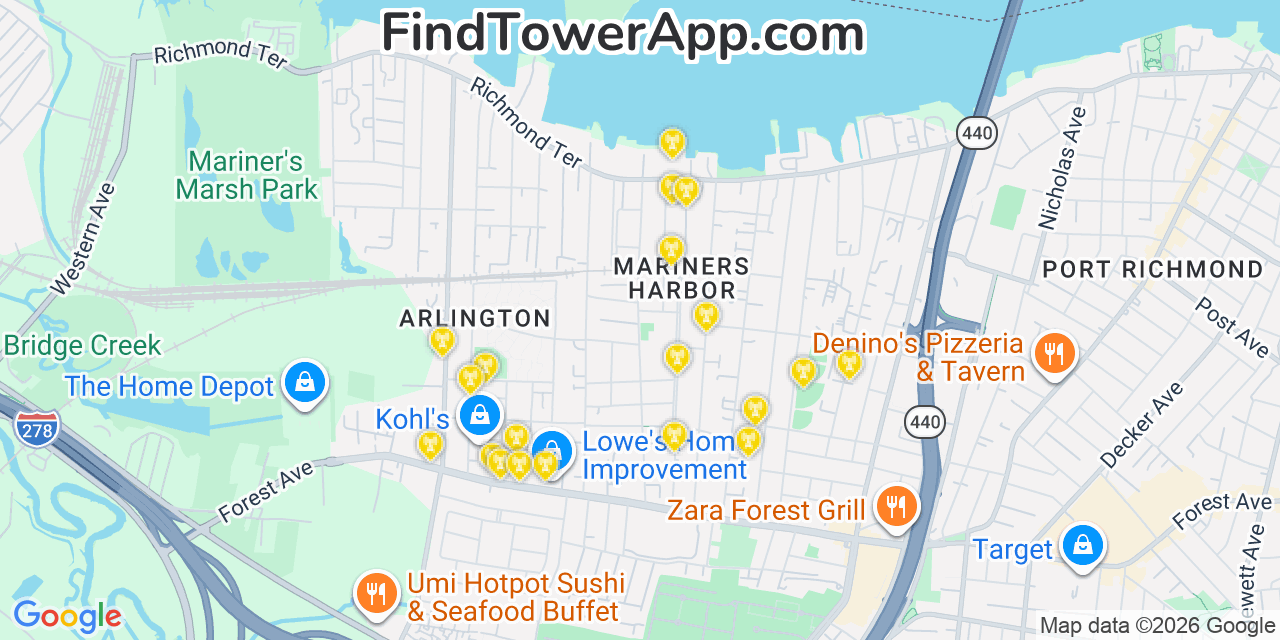 Map showing the 20 primary cell tower locations detected in Mariners Harbor, New York from AT&T, Verizon, and T-Mobile networks