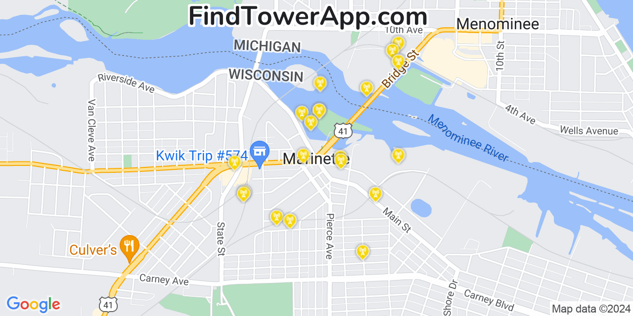 AT&T 4G/5G cell tower coverage map Marinette, Wisconsin