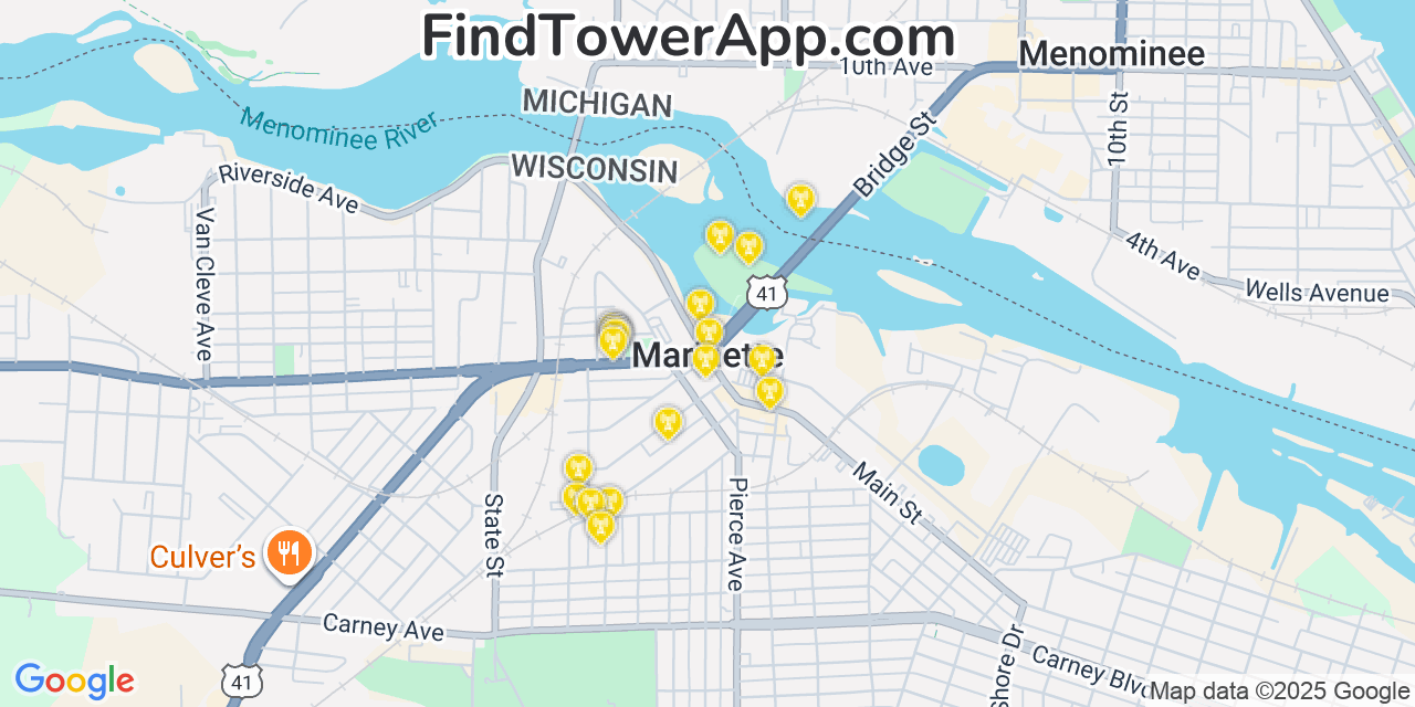 Map showing the 20 primary cell tower locations detected in Marinette, Wisconsin from AT&T, Verizon, and T-Mobile networks