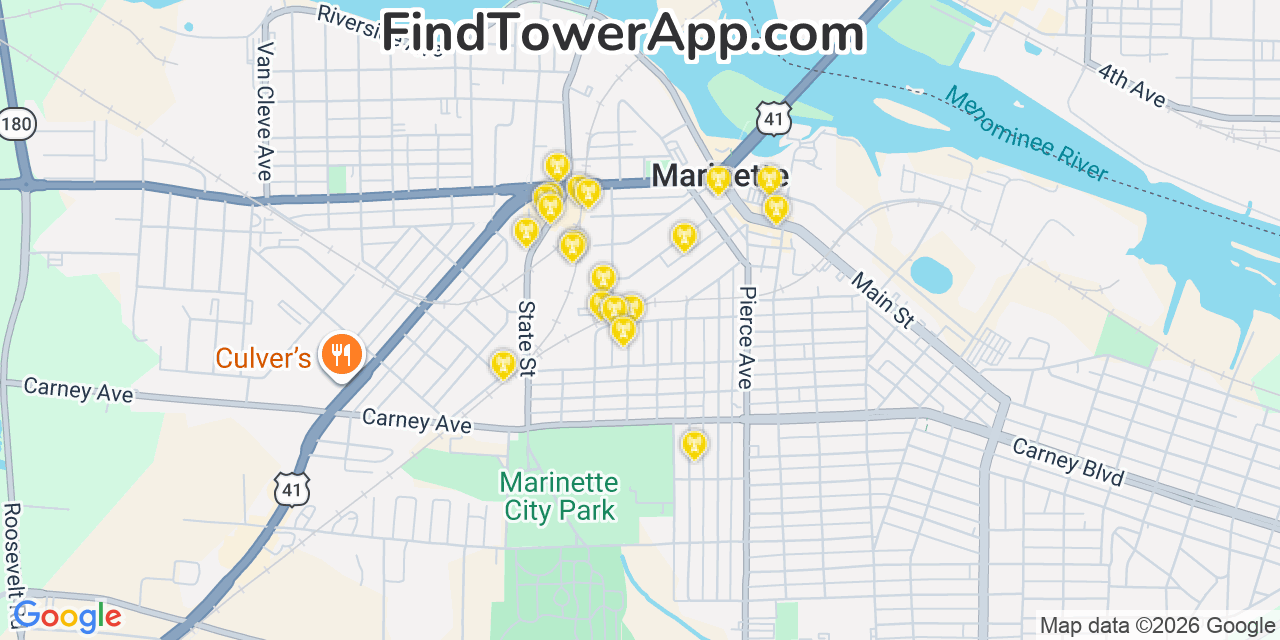 Map showing the 20 primary cell tower locations detected in Marinette, Wisconsin from AT&T, Verizon, and T-Mobile networks