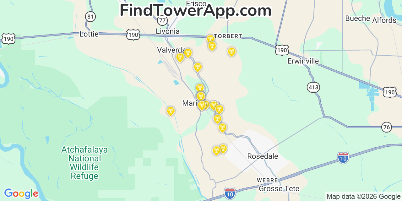 Map showing the 20 primary cell tower locations detected in Maringouin, Louisiana from AT&T, Verizon, and T-Mobile networks