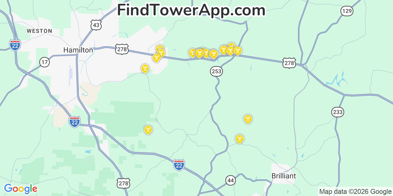 Map showing the 20 primary cell tower locations detected in Marion, Alabama from AT&T, Verizon, and T-Mobile networks