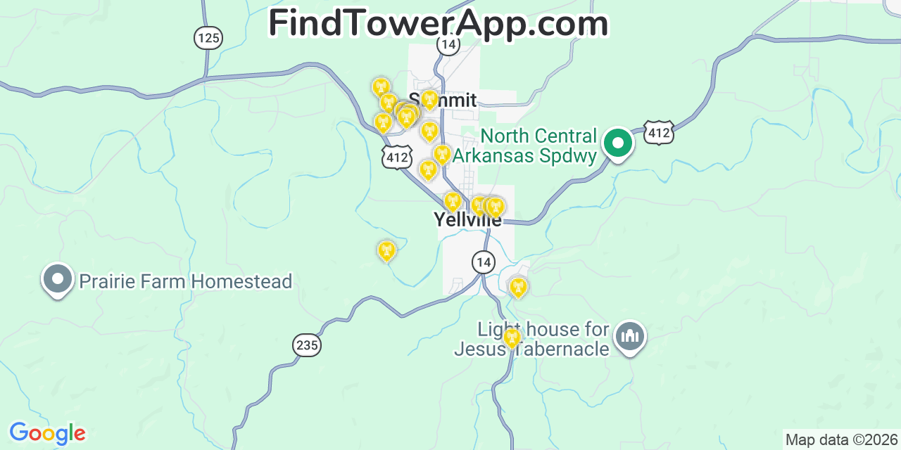 Map showing the 20 primary cell tower locations detected in Marion, Arkansas from AT&T, Verizon, and T-Mobile networks