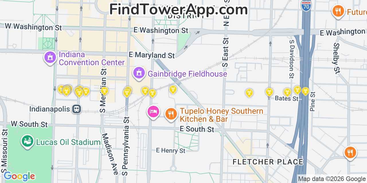 Map showing the 20 primary cell tower locations detected in Marion Center, Massachusetts from AT&T, Verizon, and T-Mobile networks