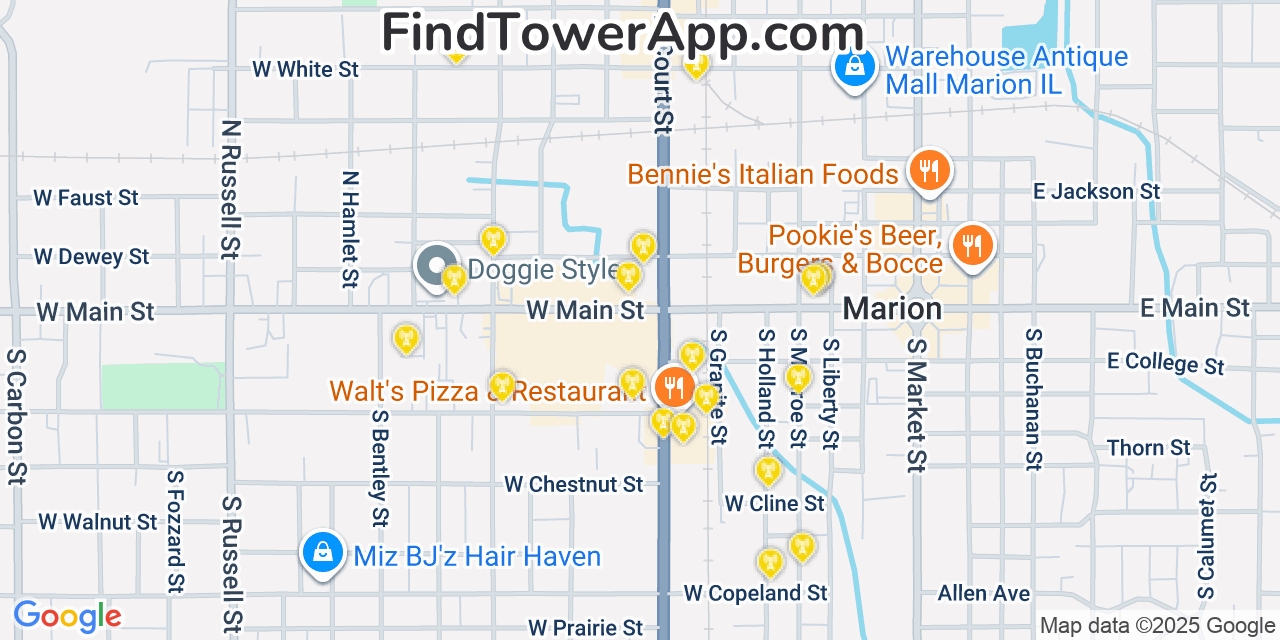 Map showing the 20 primary cell tower locations detected in Marion, Illinois from AT&T, Verizon, and T-Mobile networks