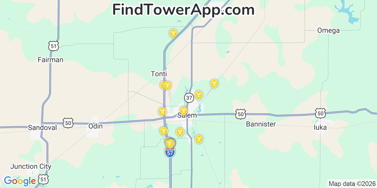 Map showing the 20 primary cell tower locations detected in Marion, Illinois from AT&T, Verizon, and T-Mobile networks
