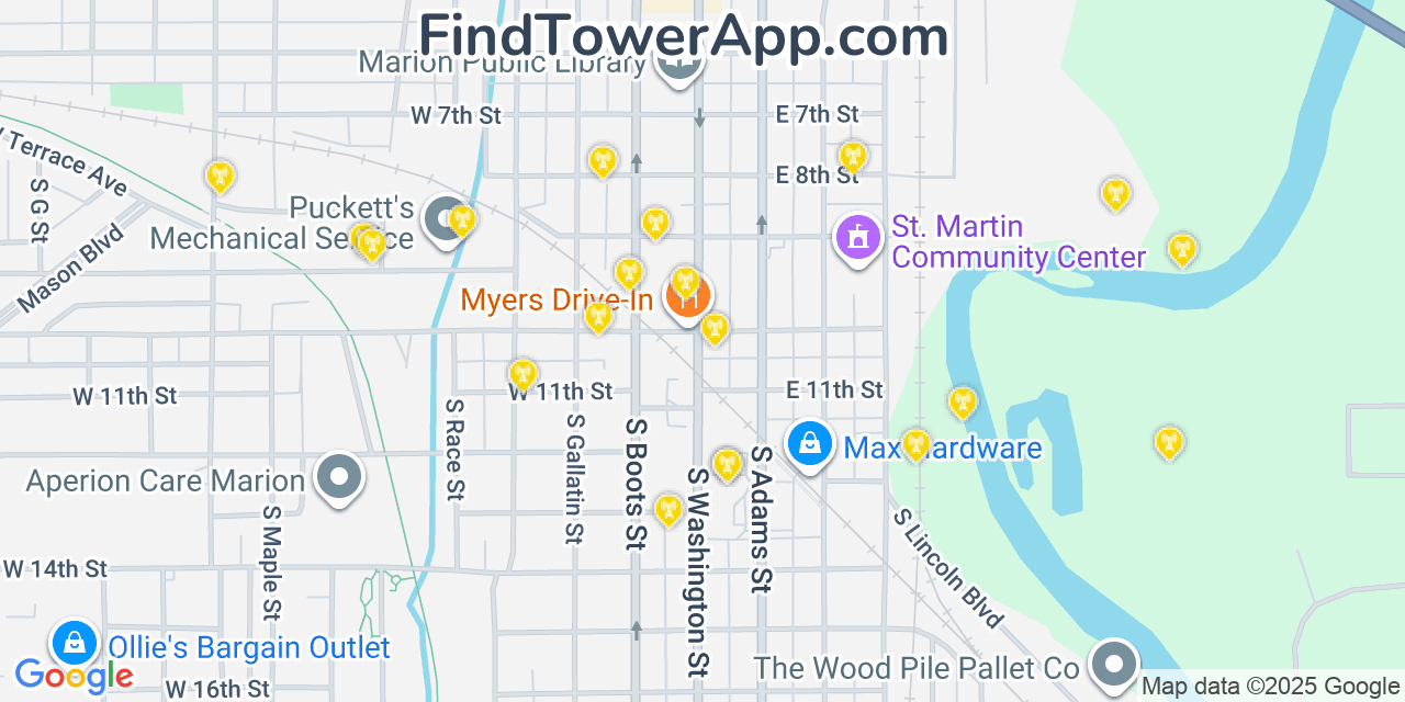 Map showing the 20 primary cell tower locations detected in Marion, Indiana from AT&T, Verizon, and T-Mobile networks