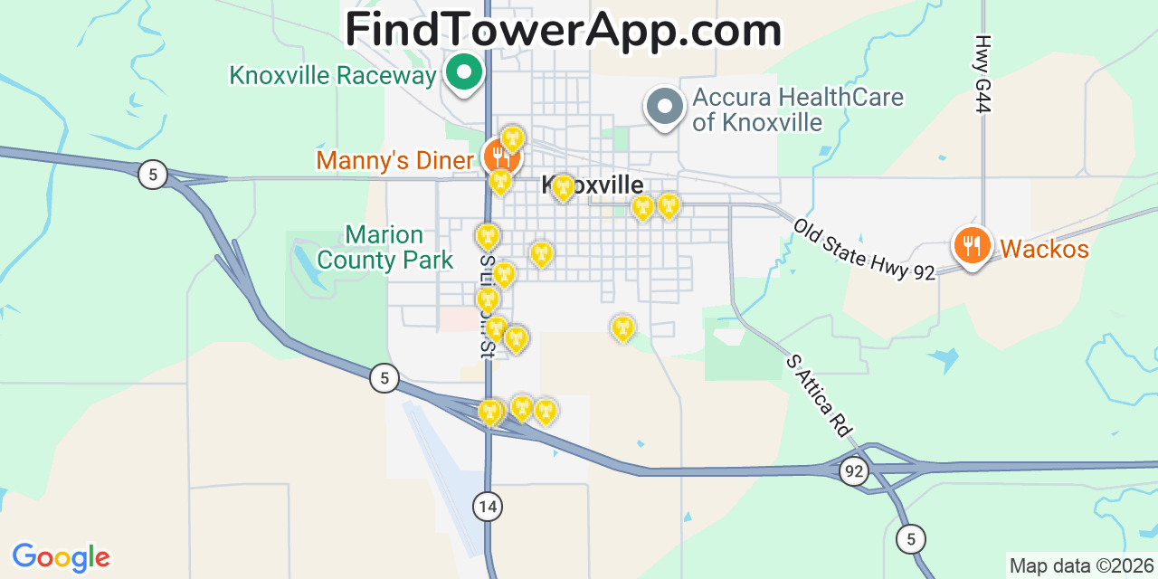 Map showing the 20 primary cell tower locations detected in Marion, Iowa from AT&T, Verizon, and T-Mobile networks