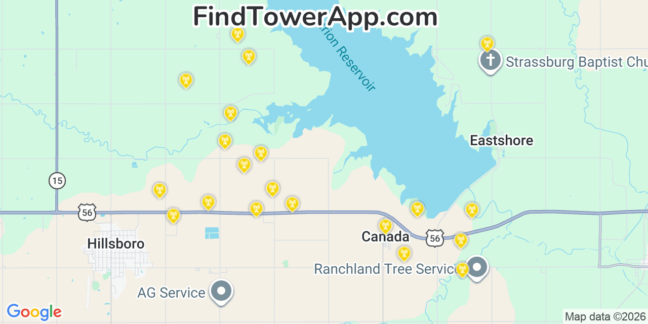 Map showing the 20 primary cell tower locations detected in Marion, Kansas from AT&T, Verizon, and T-Mobile networks