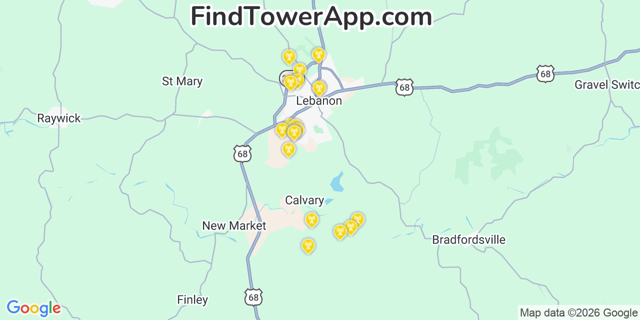 Map showing the 20 primary cell tower locations detected in Marion, Kentucky from AT&T, Verizon, and T-Mobile networks