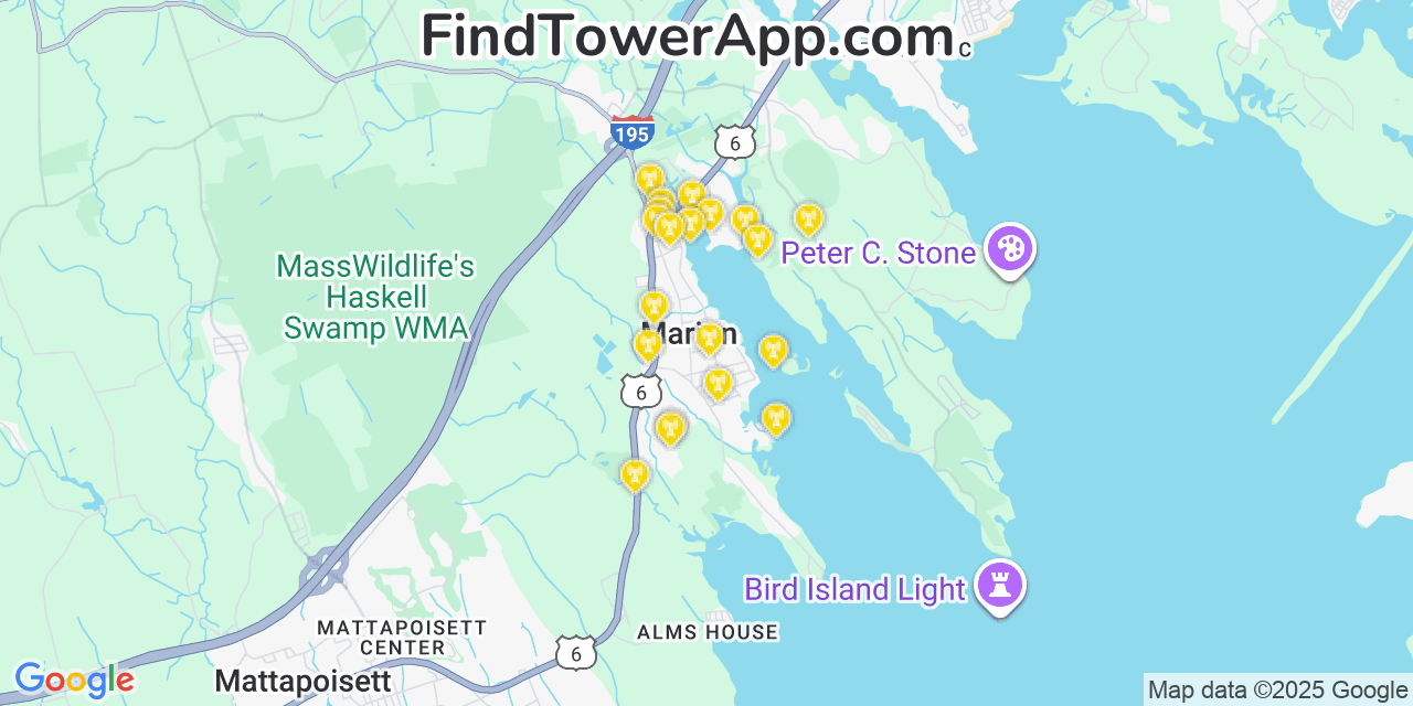 Map showing the 20 primary cell tower locations detected in Marion, Massachusetts from AT&T, Verizon, and T-Mobile networks