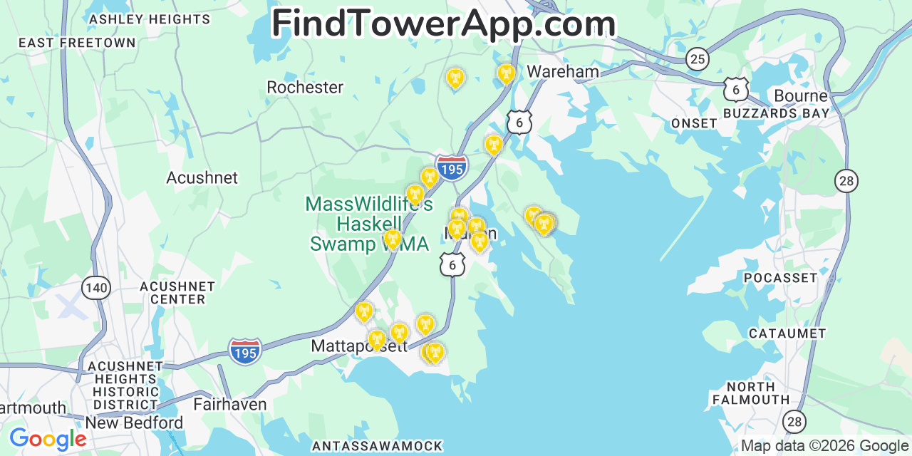 Map showing the 20 primary cell tower locations detected in Marion, Massachusetts from AT&T, Verizon, and T-Mobile networks