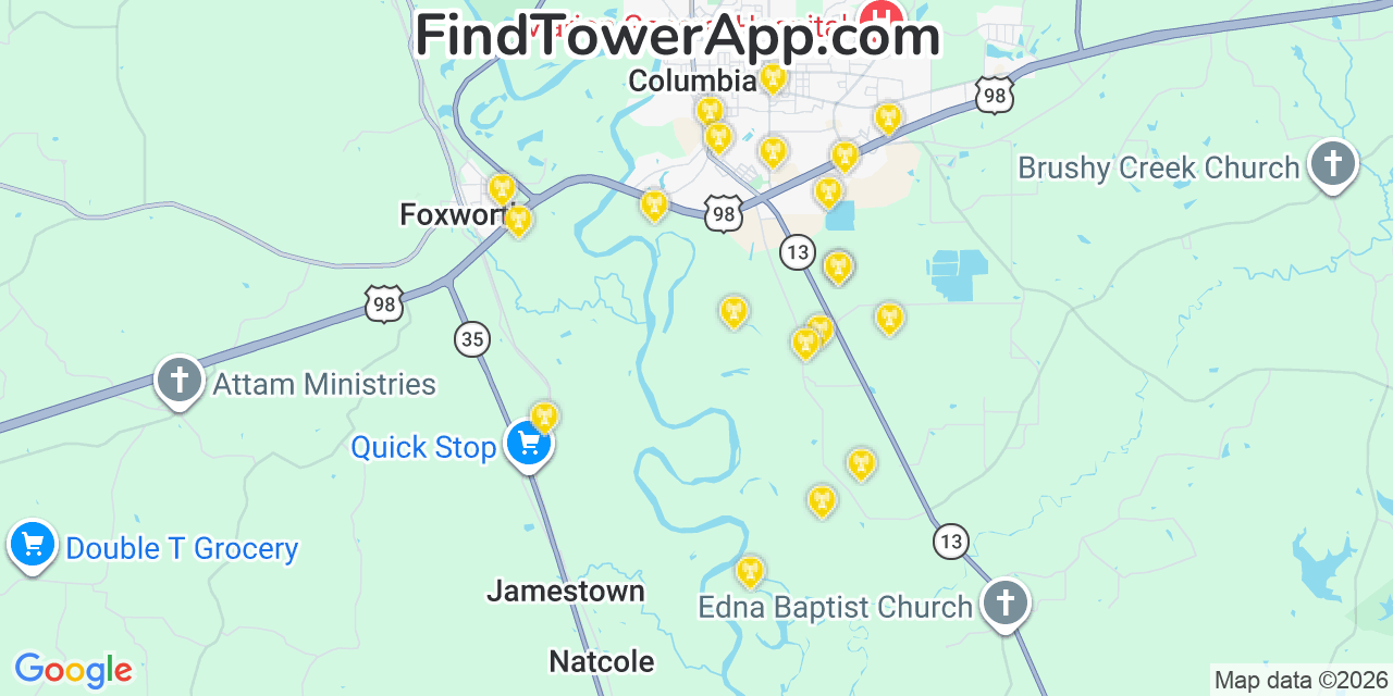 Map showing the 20 primary cell tower locations detected in Marion, Mississippi from AT&T, Verizon, and T-Mobile networks