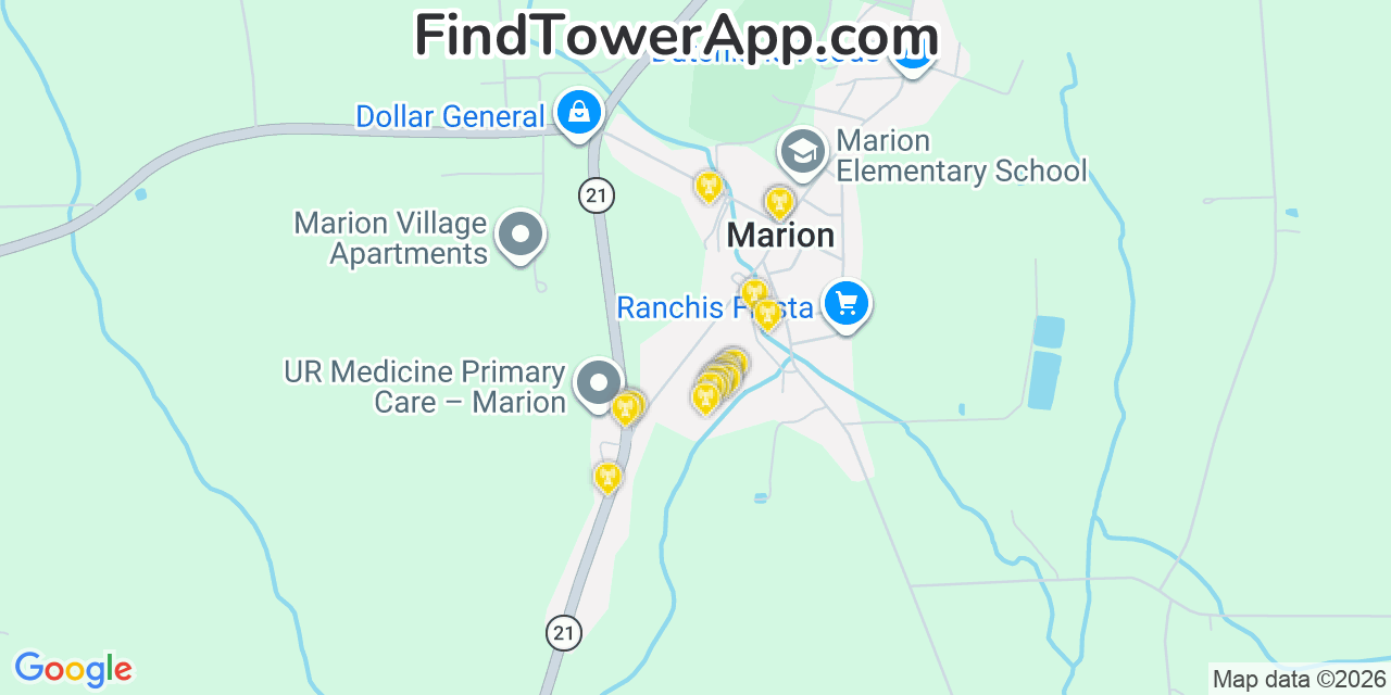 Map showing the 20 primary cell tower locations detected in Marion, New York from AT&T, Verizon, and T-Mobile networks