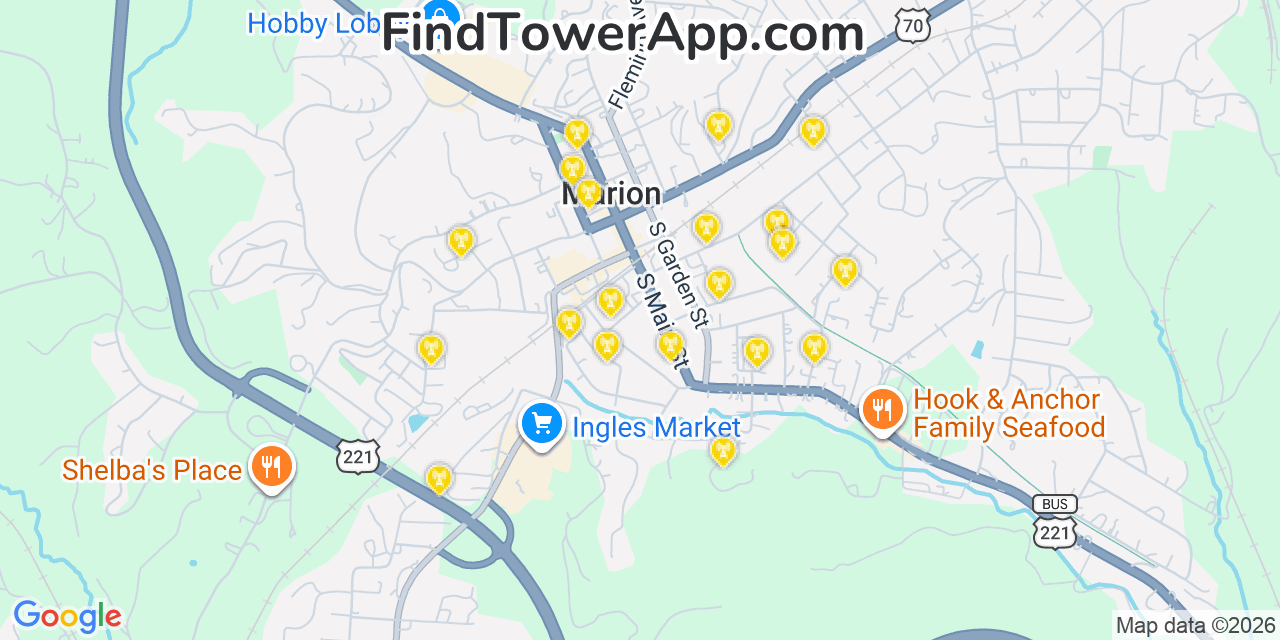 Map showing the 20 primary cell tower locations detected in Marion, North Carolina from AT&T, Verizon, and T-Mobile networks