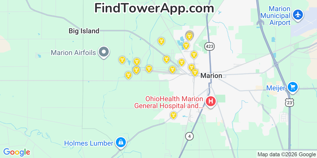 Map showing the 20 primary cell tower locations detected in Marion, Ohio from AT&T, Verizon, and T-Mobile networks