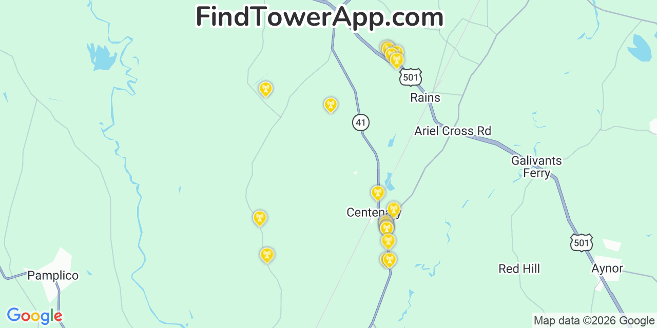 Map showing the 20 primary cell tower locations detected in Marion, South Carolina from AT&T, Verizon, and T-Mobile networks