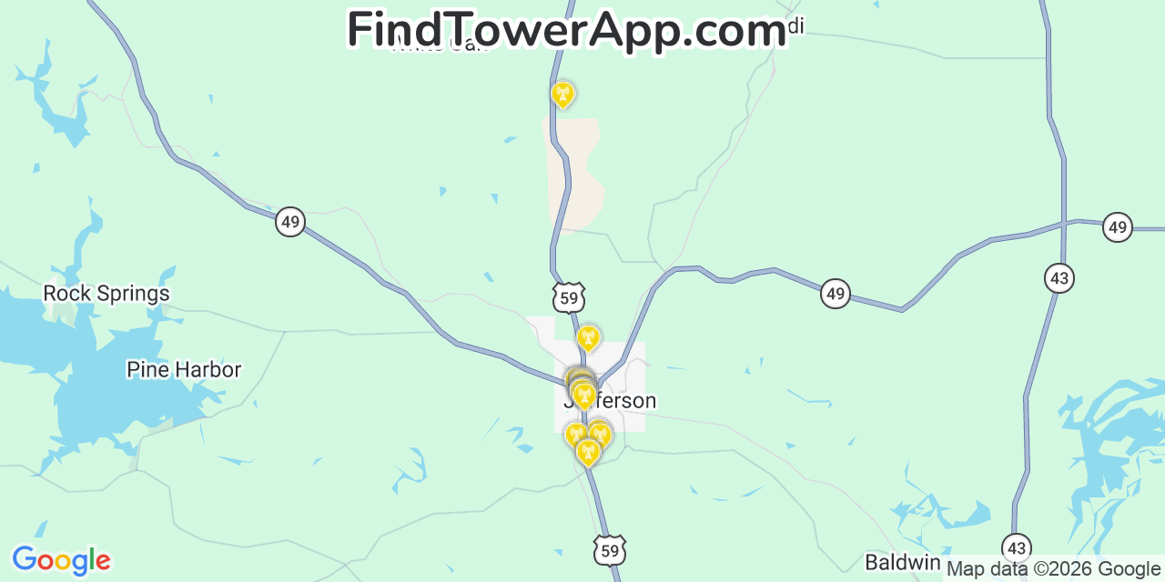 Map showing the 20 primary cell tower locations detected in Marion, Texas from AT&T, Verizon, and T-Mobile networks