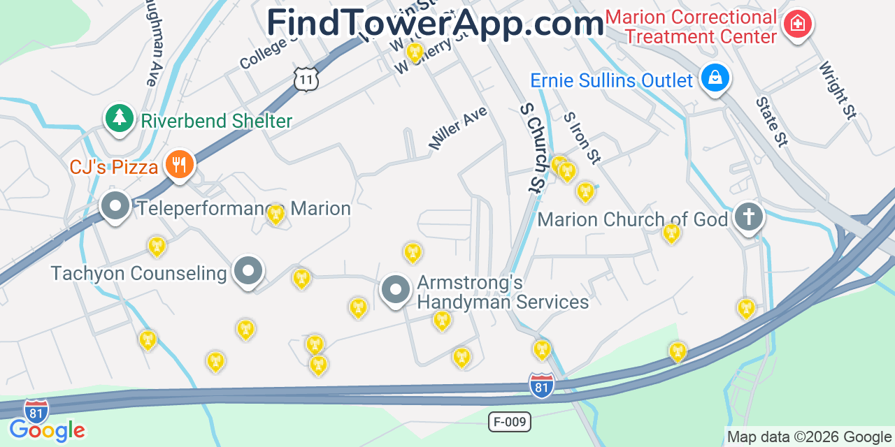 Map showing the 20 primary cell tower locations detected in Marion, Virginia from AT&T, Verizon, and T-Mobile networks
