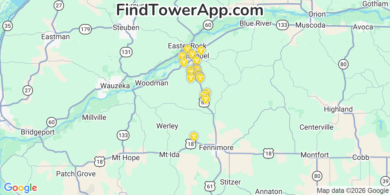 Map showing the 20 primary cell tower locations detected in Marion, Wisconsin from AT&T, Verizon, and T-Mobile networks