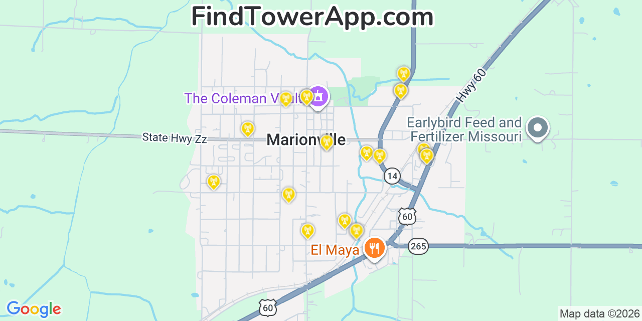 Map showing the 20 primary cell tower locations detected in Marionville, Missouri from AT&T, Verizon, and T-Mobile networks