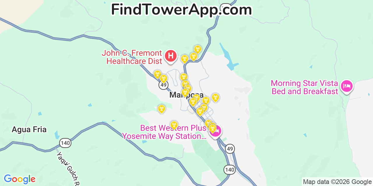 Map showing the 20 primary cell tower locations detected in Mariposa, California from AT&T, Verizon, and T-Mobile networks