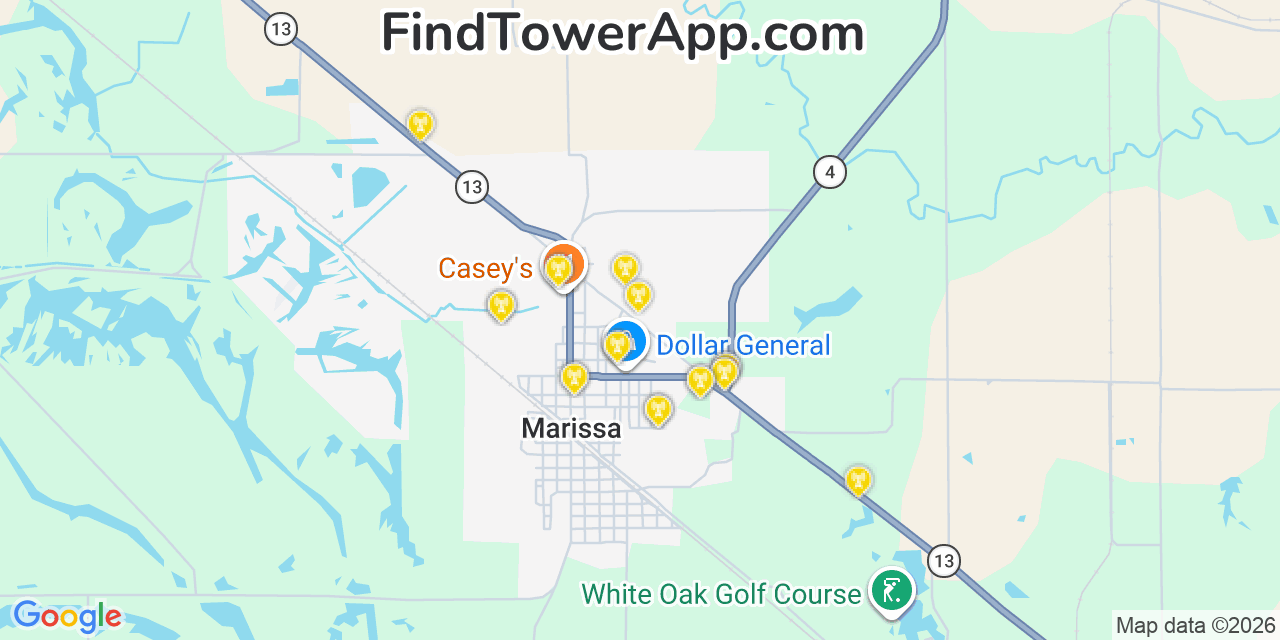 Map showing the 20 primary cell tower locations detected in Marissa, Illinois from AT&T, Verizon, and T-Mobile networks