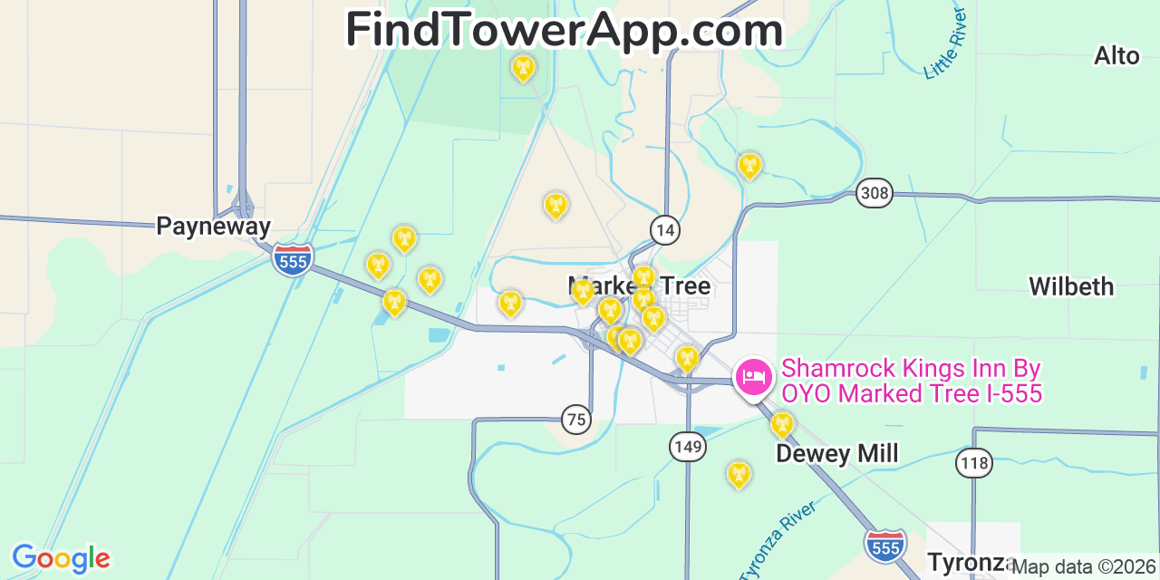 Map showing the 20 primary cell tower locations detected in Marked Tree, Arkansas from AT&T, Verizon, and T-Mobile networks