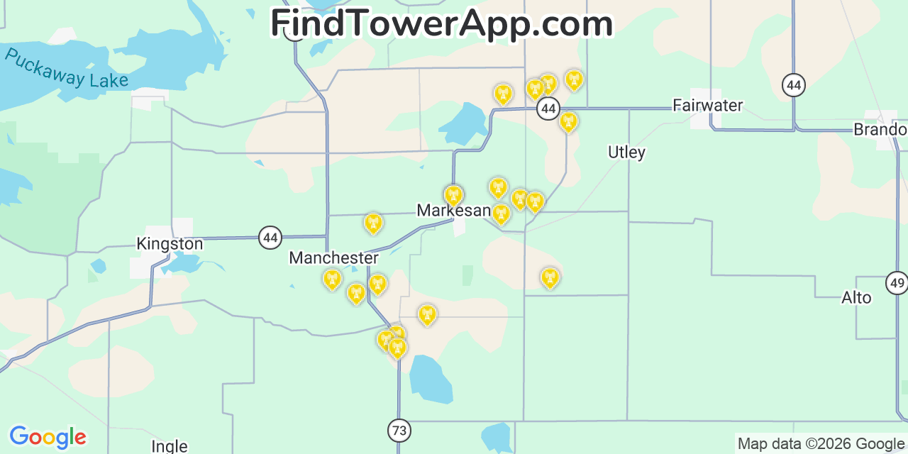 Map showing the 20 primary cell tower locations detected in Markesan, Wisconsin from AT&T, Verizon, and T-Mobile networks