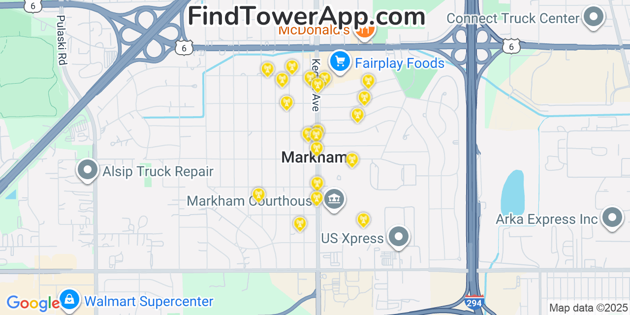 Map showing the 20 primary cell tower locations detected in Markham, Illinois from AT&T, Verizon, and T-Mobile networks