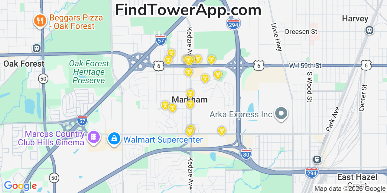 Map showing the 20 primary cell tower locations detected in Markham, Illinois from AT&T, Verizon, and T-Mobile networks