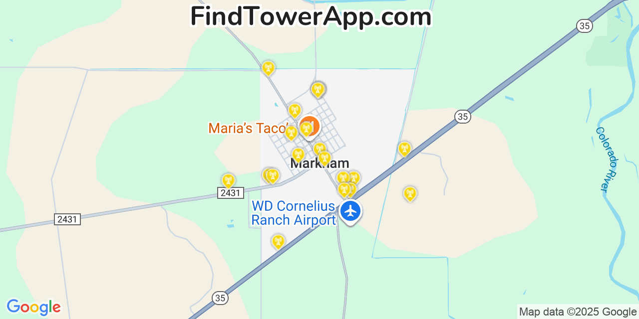 Map showing the 20 primary cell tower locations detected in Markham, Texas from AT&T, Verizon, and T-Mobile networks