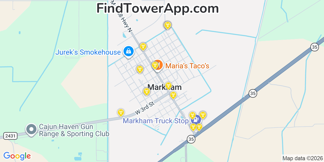 Map showing the 20 primary cell tower locations detected in Markham, Texas from AT&T, Verizon, and T-Mobile networks