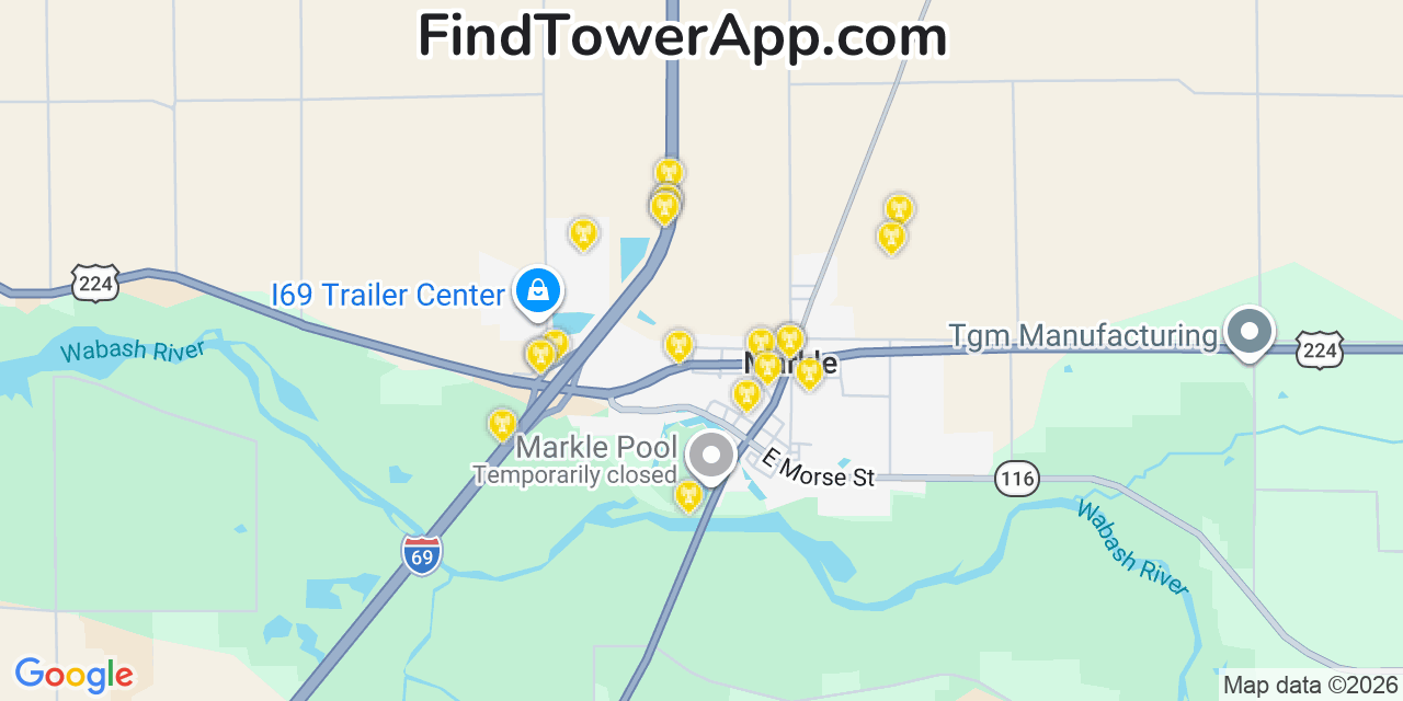Map showing the 20 primary cell tower locations detected in Markle, Indiana from AT&T, Verizon, and T-Mobile networks