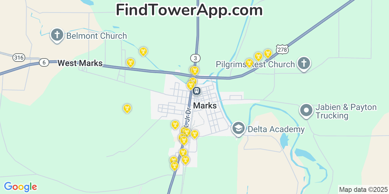 Map showing the 20 primary cell tower locations detected in Marks, Mississippi from AT&T, Verizon, and T-Mobile networks