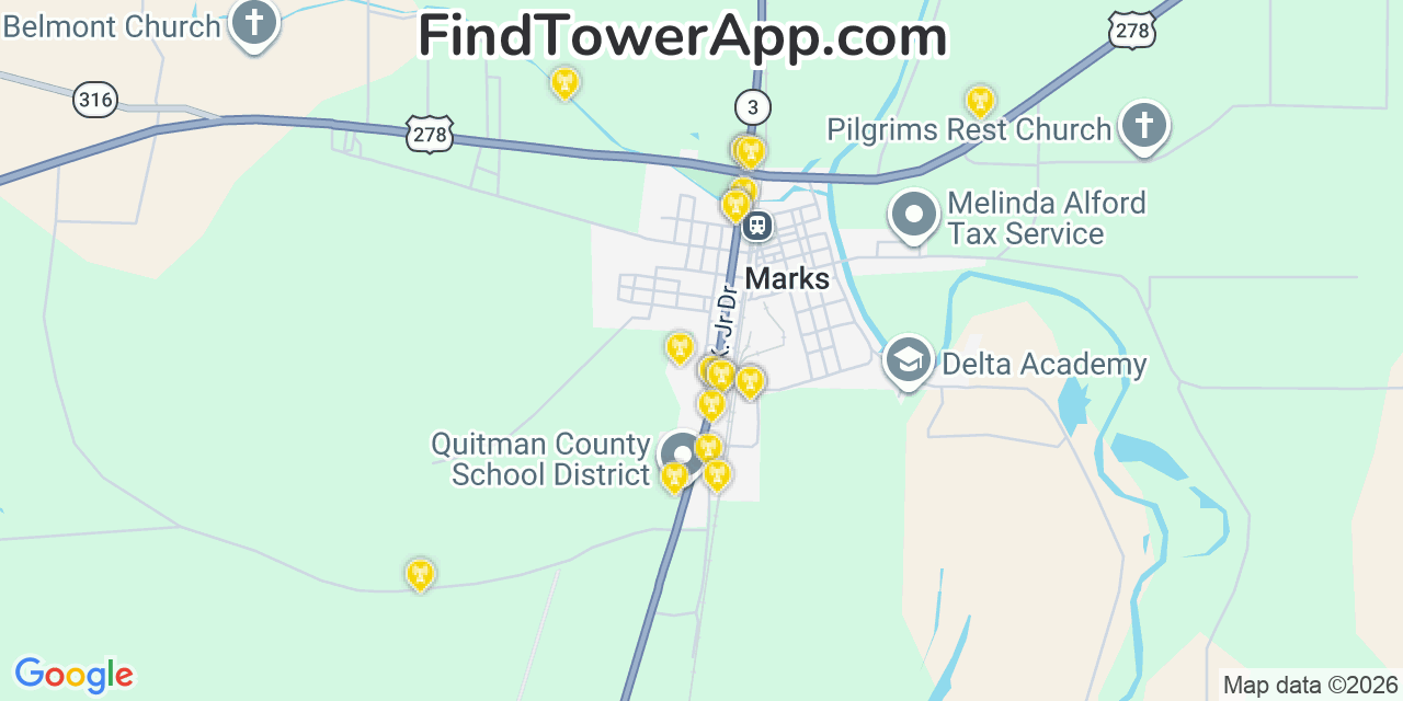 Map showing the 20 primary cell tower locations detected in Marks, Mississippi from AT&T, Verizon, and T-Mobile networks