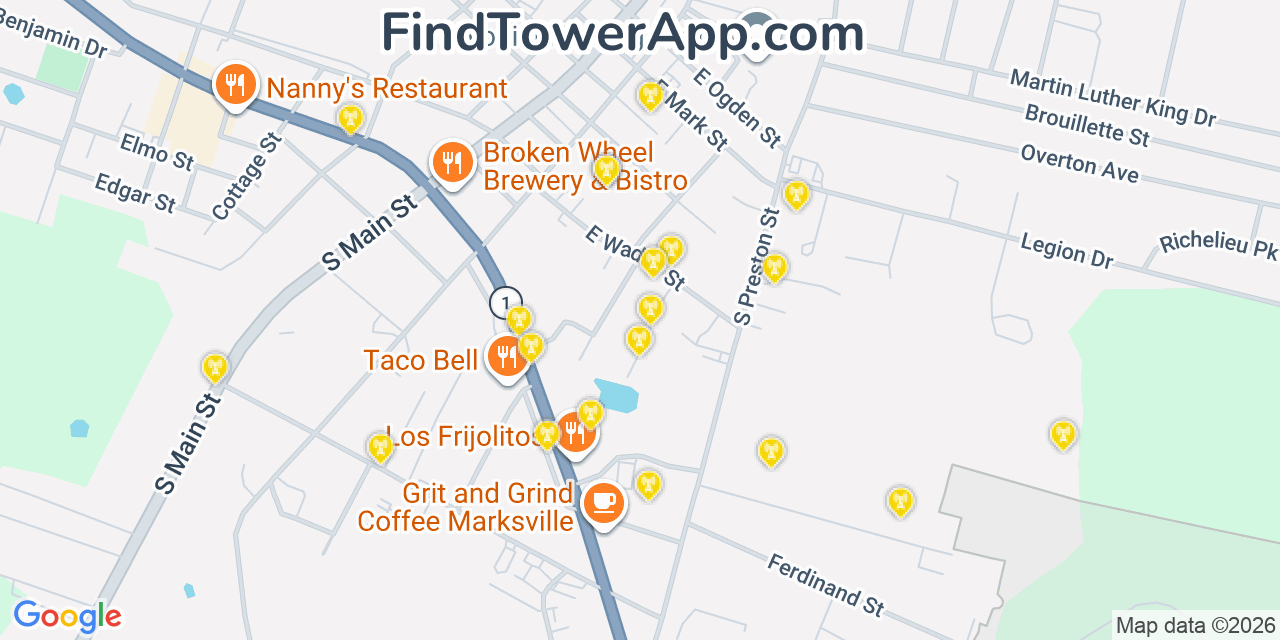 Map showing the 20 primary cell tower locations detected in Marksville, Louisiana from AT&T, Verizon, and T-Mobile networks