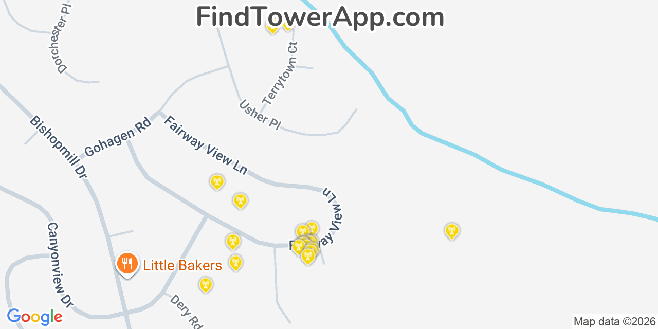 Map showing the 20 primary cell tower locations detected in Marlboro Meadows, Maryland from AT&T, Verizon, and T-Mobile networks